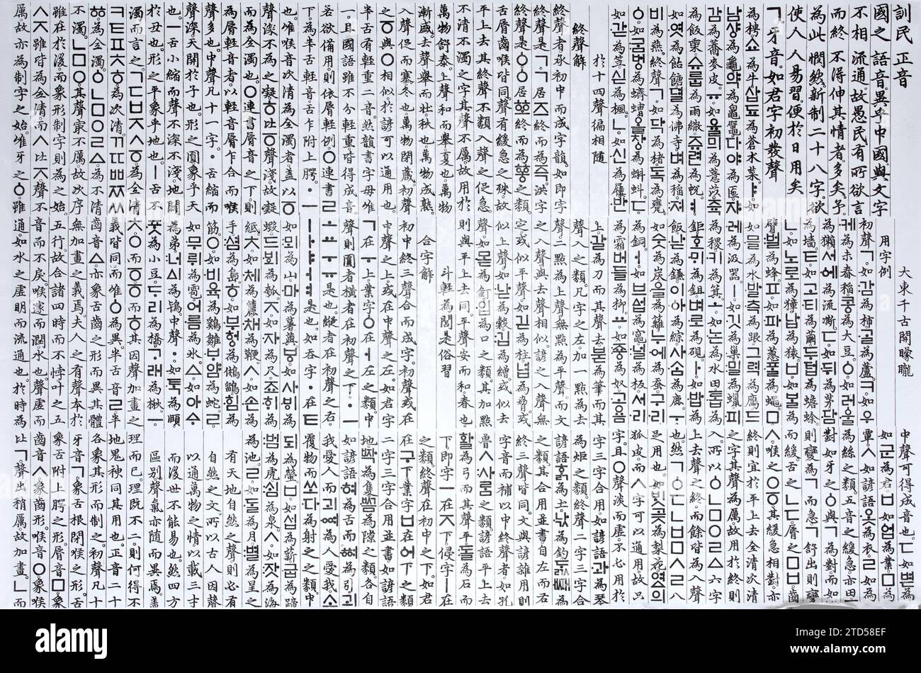 Hanji con i tradizionali motivi coreani 'Hunminjeongeum' e 'Hangul' incisi su uno sfondo bianco Foto Stock