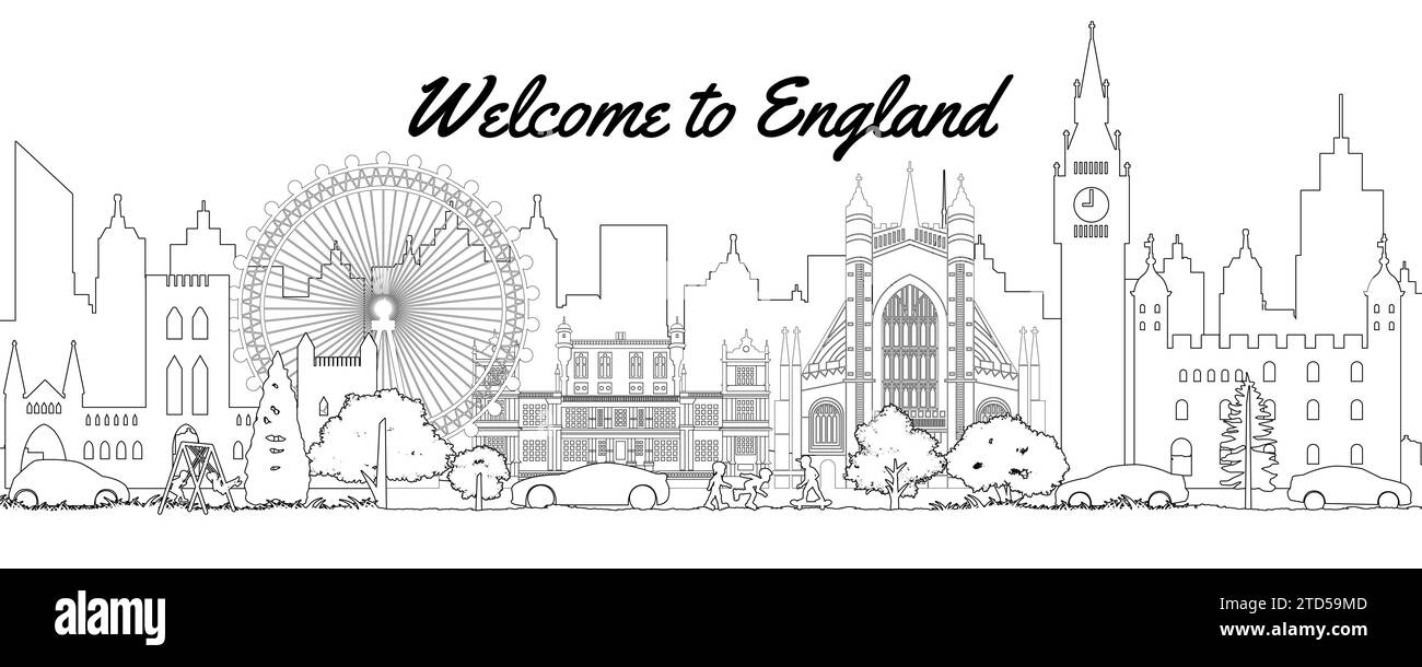 Scenario dell'Inghilterra con famosi punti di riferimento in stile silhouette, illustrazione vettoriale Illustrazione Vettoriale