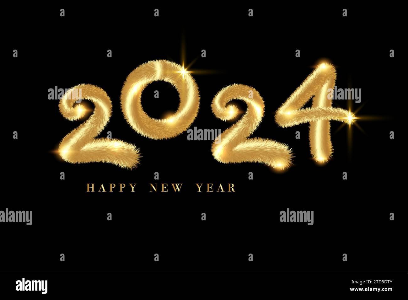 Felice anno nuovo 2024 realizzato con rami in abete oro in stile effetto pelliccia dorata. Happy Holiday luccicante lusso numeri festivi Design, banner vettoriale Illustrazione Vettoriale