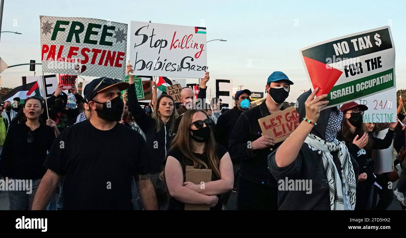 15 dicembre 2023, un gruppo di manifestanti che si autodefinivano Shut IT Down organizzò una manifestazione nei pressi dell'aeroporto internazionale di Los Angeles (LAX) per chiedere la fine dell'occupazione israeliana della Palestina e del genocidio di Gaza. I manifestanti, che si identificarono come palestinesi, ebrei e angelone di coscienza, marciarono per ore intorno all'aeroporto, bloccando il traffico e affrontando la polizia. Hanno portato cartelli che recitano “fermare il genocidio di Gaza”, “Palestina libera” e “Biden Out”. Hanno anche cantato slogan come "Nessuna giustizia, nessuna pace", "Palestine Lives Matter" e "End Apartheid". Foto Stock