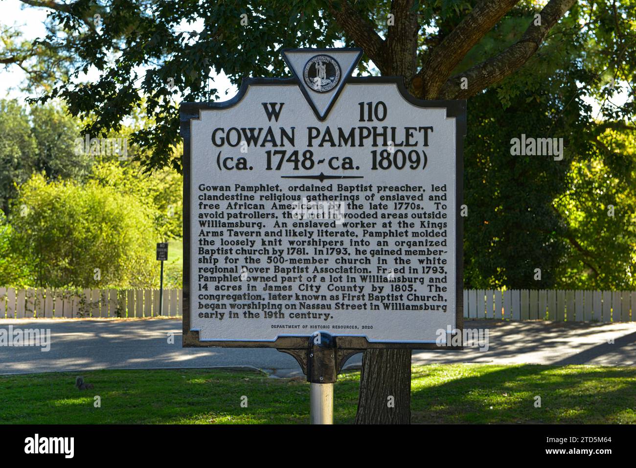 Punto di riferimento storico per Gowan Pamflet, leader della congregazione della Chiesa Battista a Williamsburg, Virginia Foto Stock