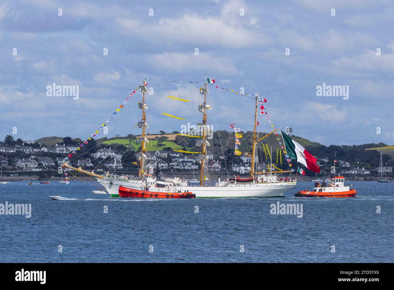 La nave alta messicana Cuauhtemoc arriva a Falmouth per le regate di navi alte Magellan-Elcano Foto Stock
