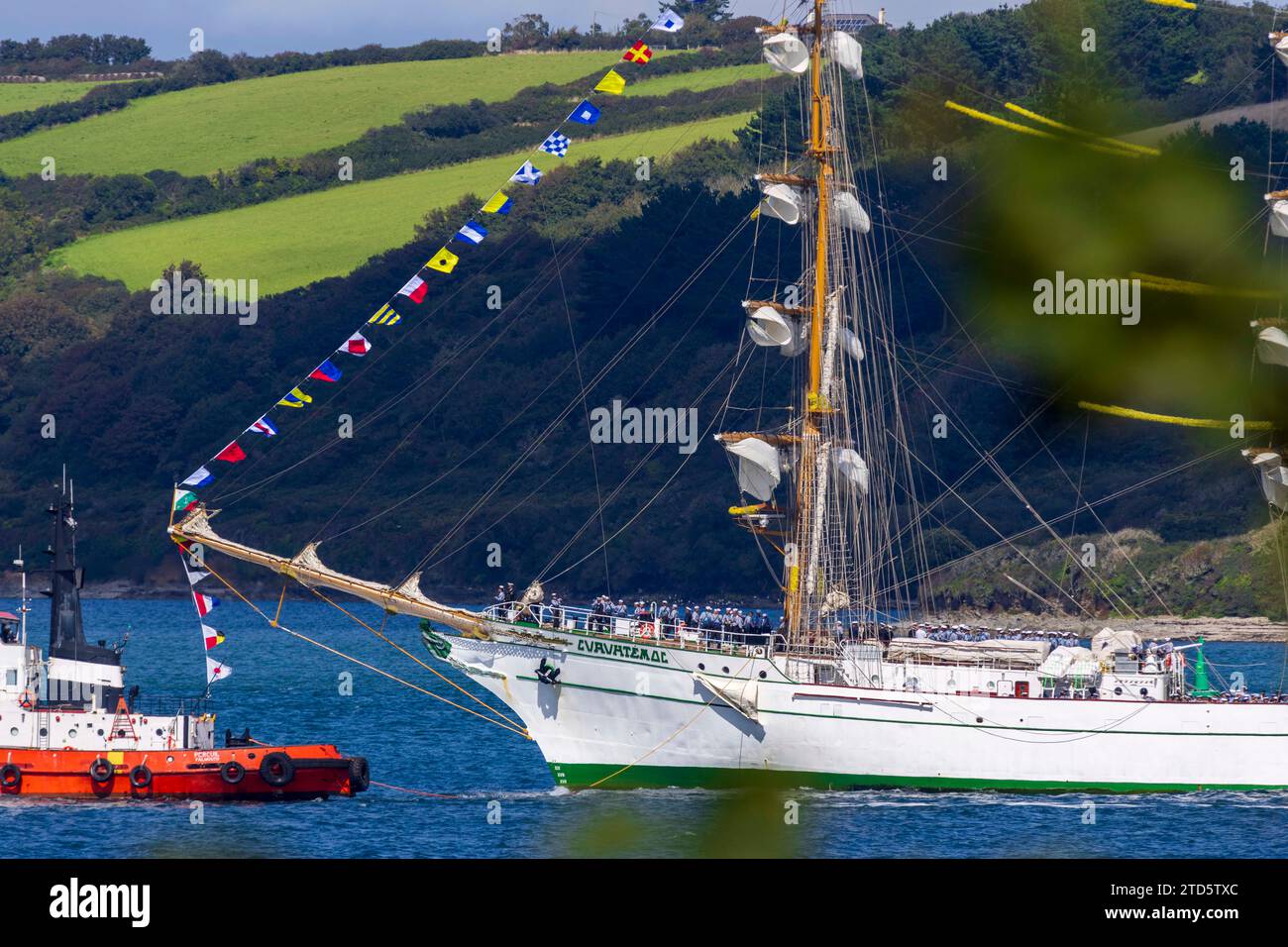 La nave alta messicana Cuauhtemoc arriva a Falmouth per le regate di navi alte Magellan-Elcano Foto Stock