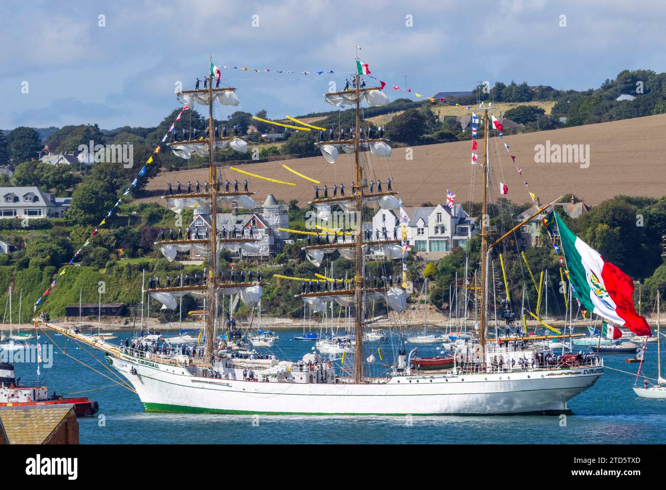 La nave alta messicana Cuauhtemoc arriva a Falmouth per le regate di navi alte Magellan-Elcano Foto Stock