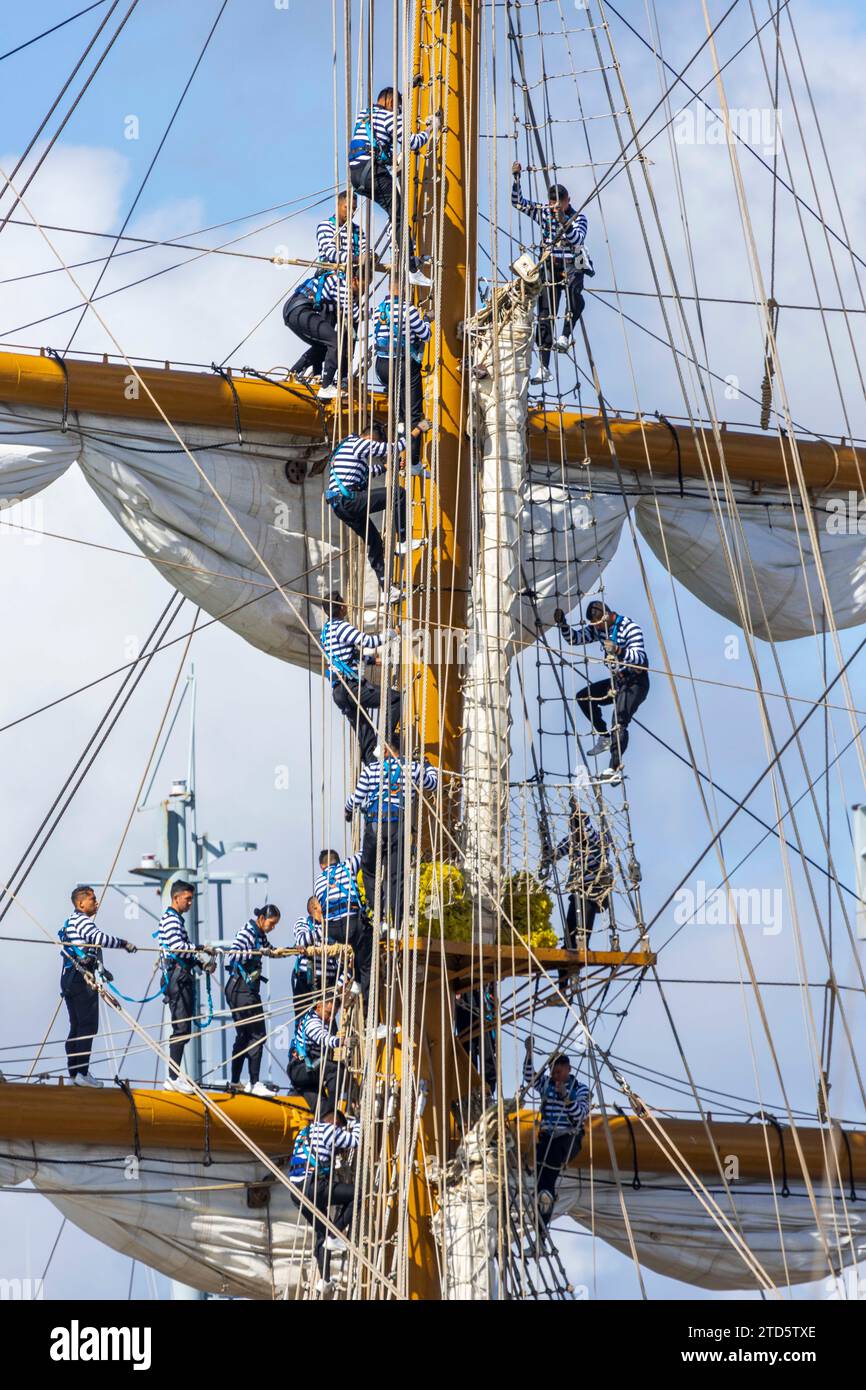 La nave alta messicana Cuauhtemoc arriva a Falmouth per le regate di navi alte Magellan-Elcano Foto Stock
