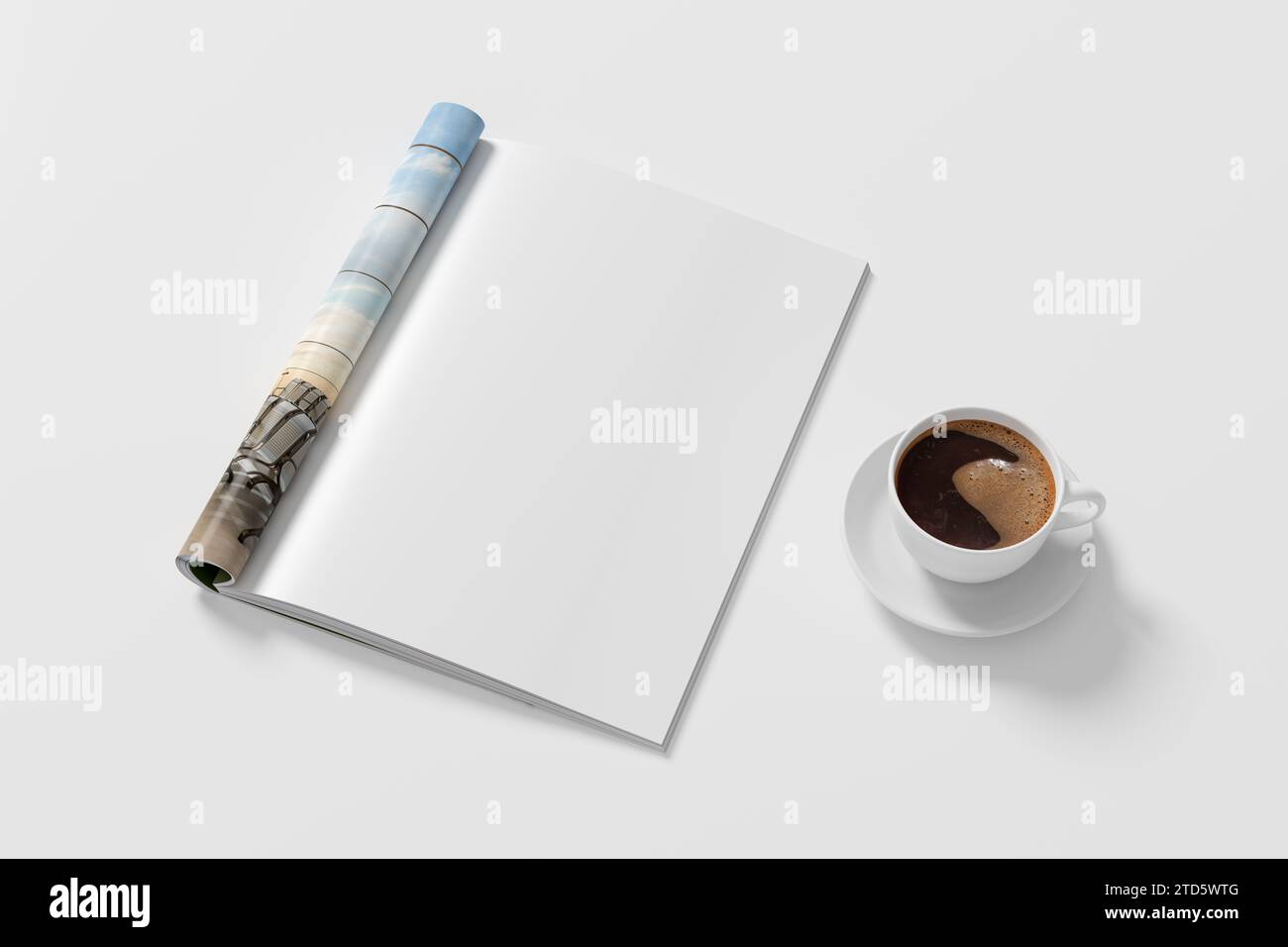 Un modello di rivista sulla pagina destra e una tazza di caffè su una scrivania bianca. illustrazione 3d. Foto Stock