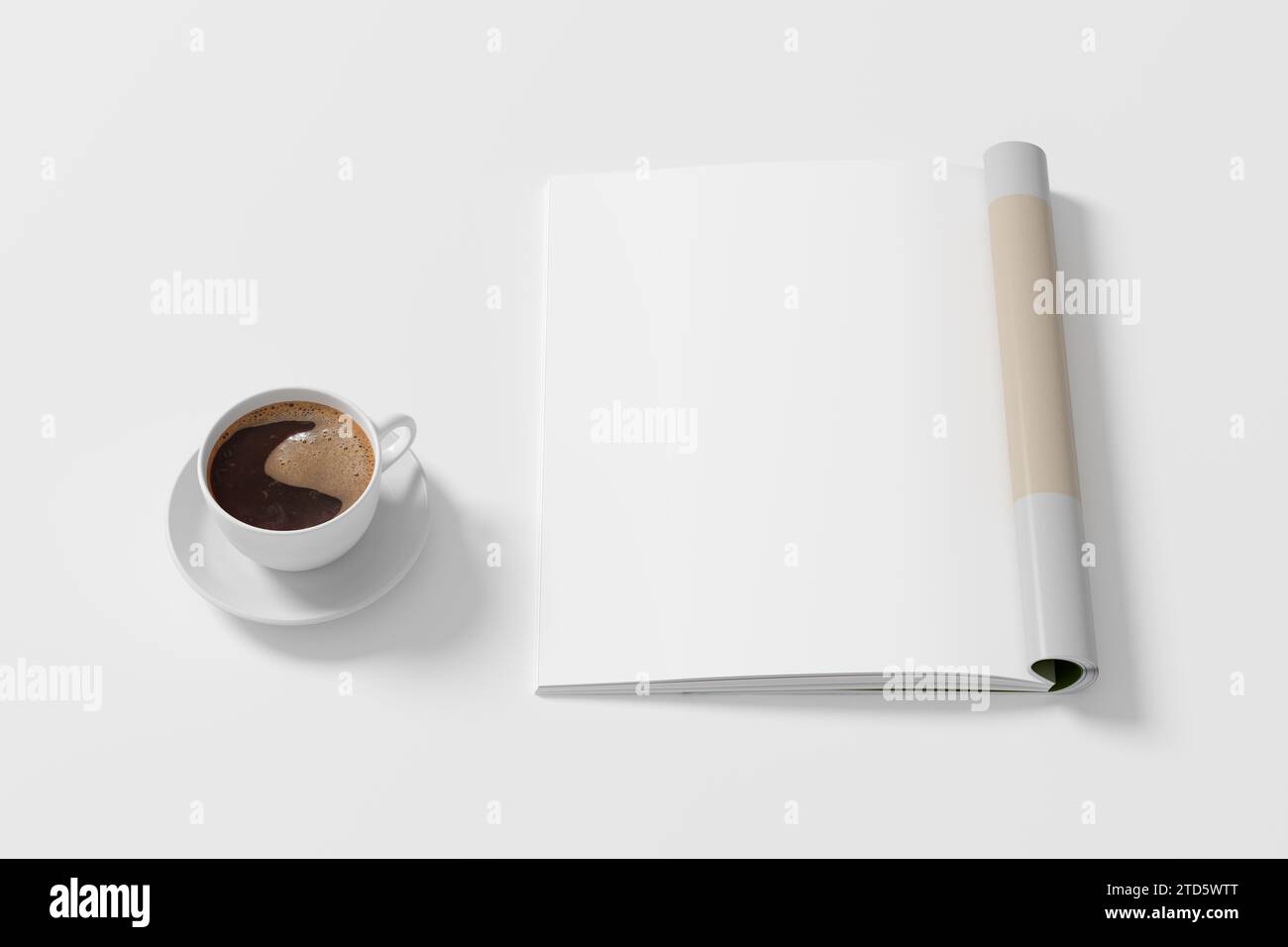 Un modello di rivista sulla pagina sinistra e una tazza di caffè su una scrivania bianca. illustrazione 3d. Foto Stock