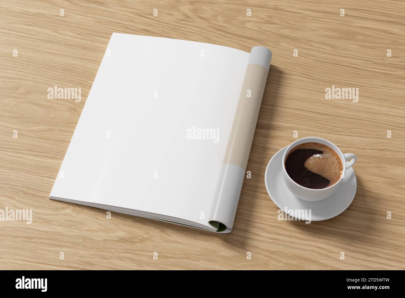 Rivista, mockup di pagina a sinistra e tazza di caffè su una scrivania di legno. illustrazione 3d. Foto Stock