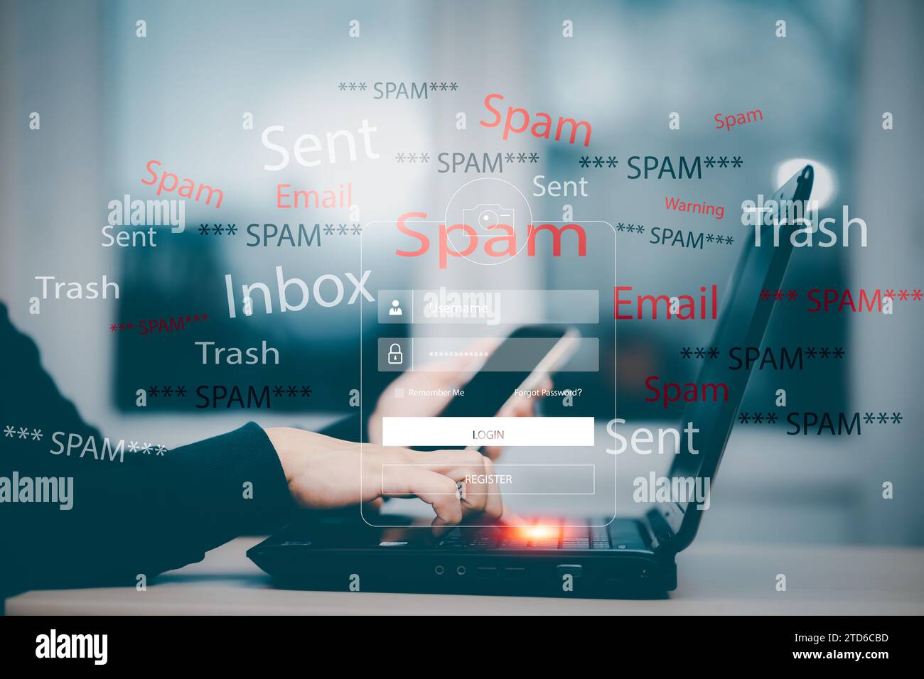 Concetto di posta elettronica con il laptop spam e virus computer monitorare Internet sicurezza concetto, uomo d'affari leggere la posta elettronica con un laptop. Spam, spazzatura e. Foto Stock