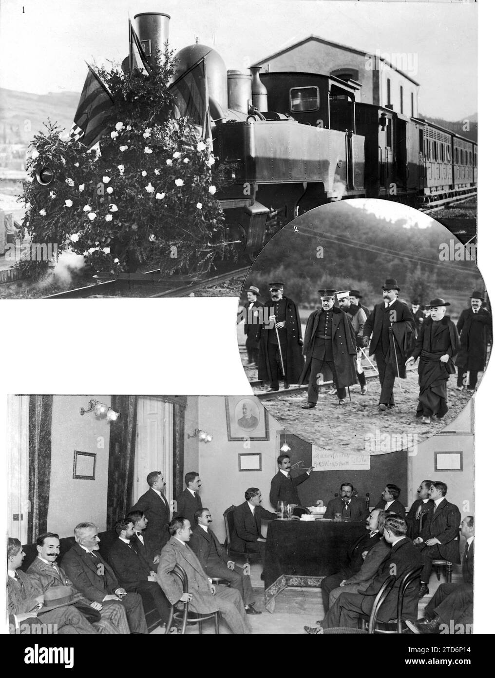 10/31/1911. Inaugurazione di una ferrovia. Il motore del primo treno che ha fatto il percorso da Olot a Gerona. In a Circle: Il generale Weyler e altre autorità esaminano i difetti di una macchina esploratrice. La foto qui sotto corrisponde a una conferenza sull'aviazione tenuta presso l'Associazione ingegneri da Don Pedro de Artíñano. Foto: Alba. Crediti: Album / Archivo ABC / José Arija Foto Stock