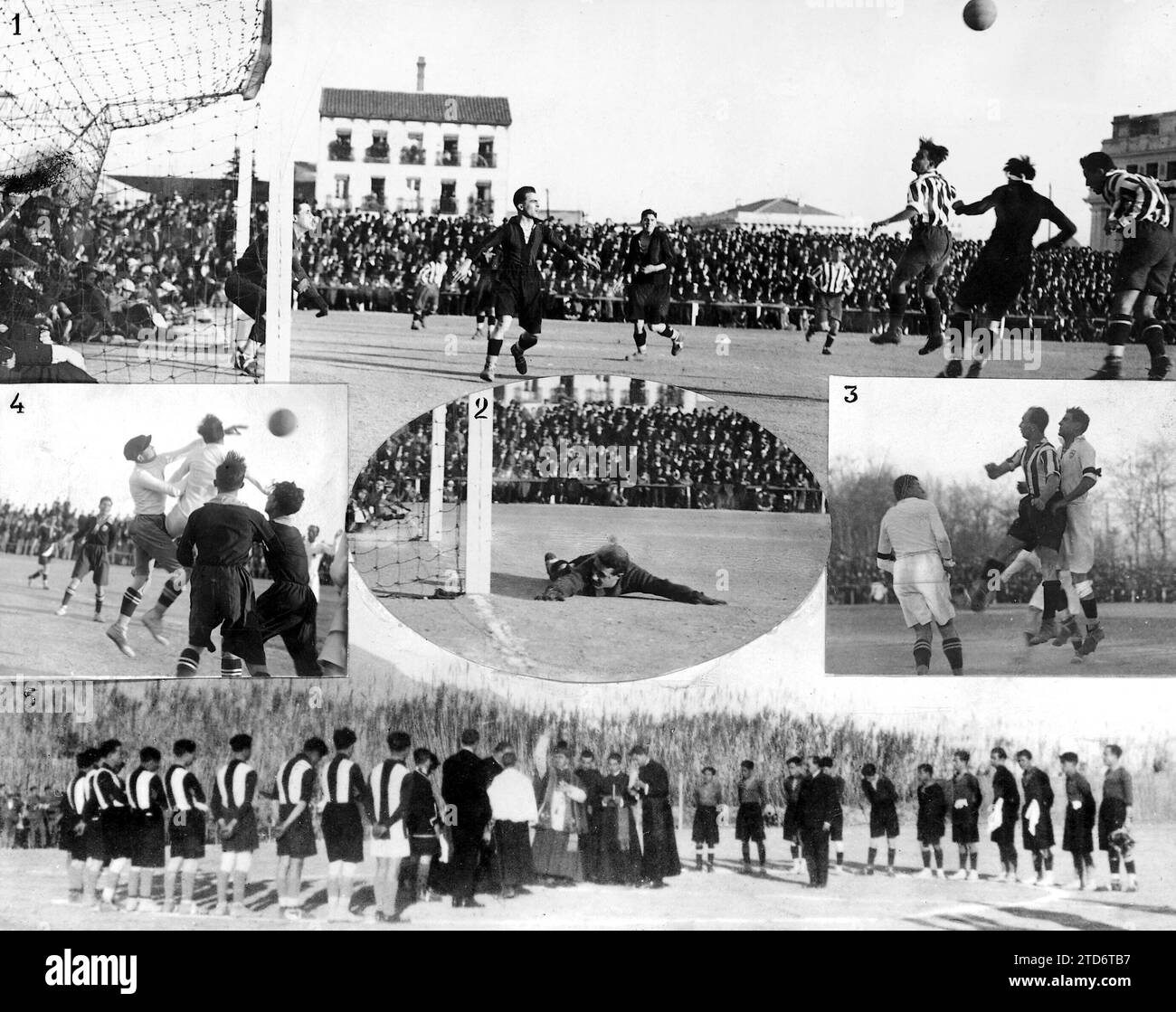 01/12/1923. Il futuro a Madrid e nelle Province 1 e 2, partita del campionato Athletic-Racing, a Madrid, 3. Partita amichevole rapida di Siviglia, da Vienna, Siviglia, 4. Il portiere della squadra sportiva di Siviglia molestato dagli attaccanti del Linense, in linea, 5. Benedizione da parte del vescovo della diocesi di un campo di calcio a Orihuela. (Foto Zegri Barrera, Cremades e Greco). Crediti: Album / Archivo ABC / Juan Barrera Foto Stock