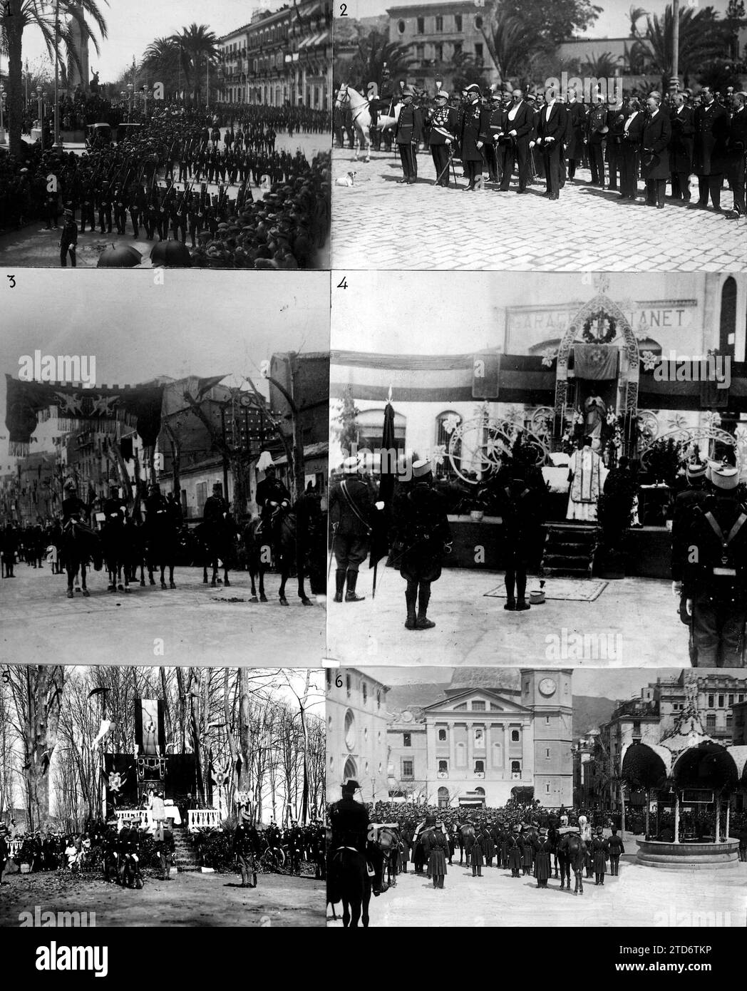 03/31/1924. Il giuramento della bandiera nelle Province. 1) ad Alicante, 2. Ad Almeria, 3 e 4 a Lerida, 5. A Gerona, 6. Ad Alcoy. (Foto Movellan, Casau, Pastore, Barbera Masip, Pacheco e Duero). Crediti: Album / Archivo ABC / Vicente Barbera Masip Foto Stock