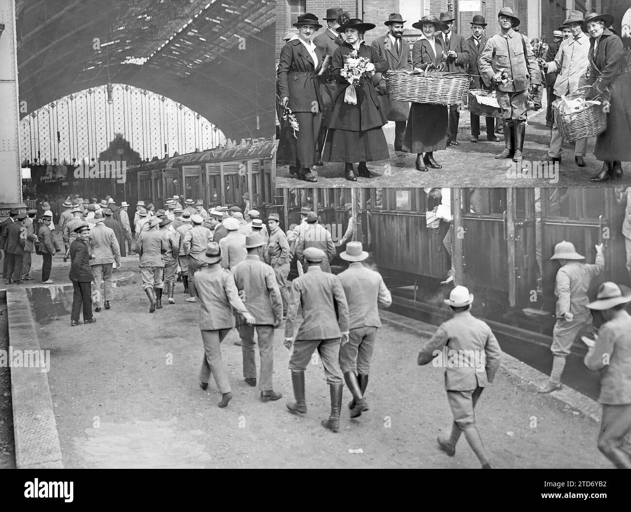 05/04/1916. Alla stazione di Mediodía, a Madrid. Arrivo di uno dei treni che ieri ha portato Shrimp ai tedeschi. Nell'angolo in alto a destra, un gruppo di signore tedesche che le hanno regalate Flowers. Crediti: Album / Archivo ABC / Julio Duque Foto Stock