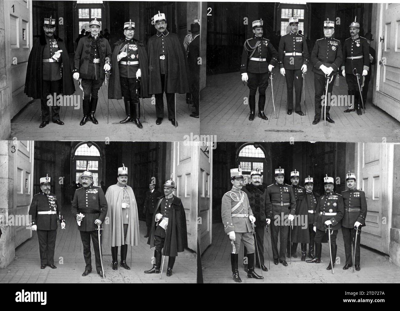 03/29/1917. Commissioni militari al Palazzo. I generali, i capi e gli ufficiali che sono stati ricevuti ieri da HM il re, e che costituiscono le commissioni che vanno al fronte orientale (1) e tedesco occidentale (2), alla Romania (3) e ai campi di concentramento austriaci (4). Crediti: Album / Archivo ABC / Ramón Alba Foto Stock