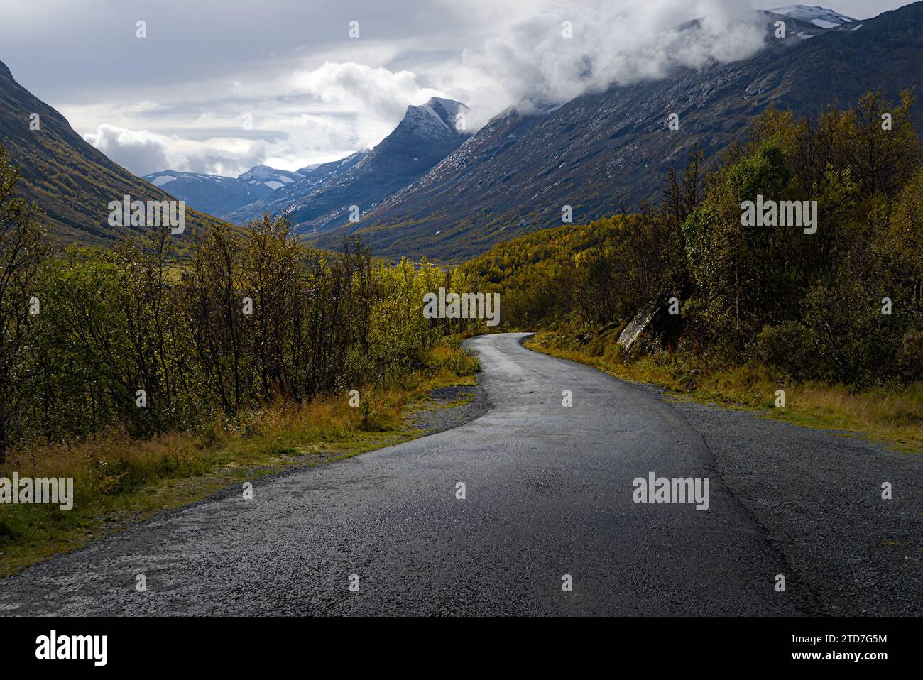 Una strada asfaltata conduce al monte Skagsnebb sotto il cielo nuvoloso. Foto Stock