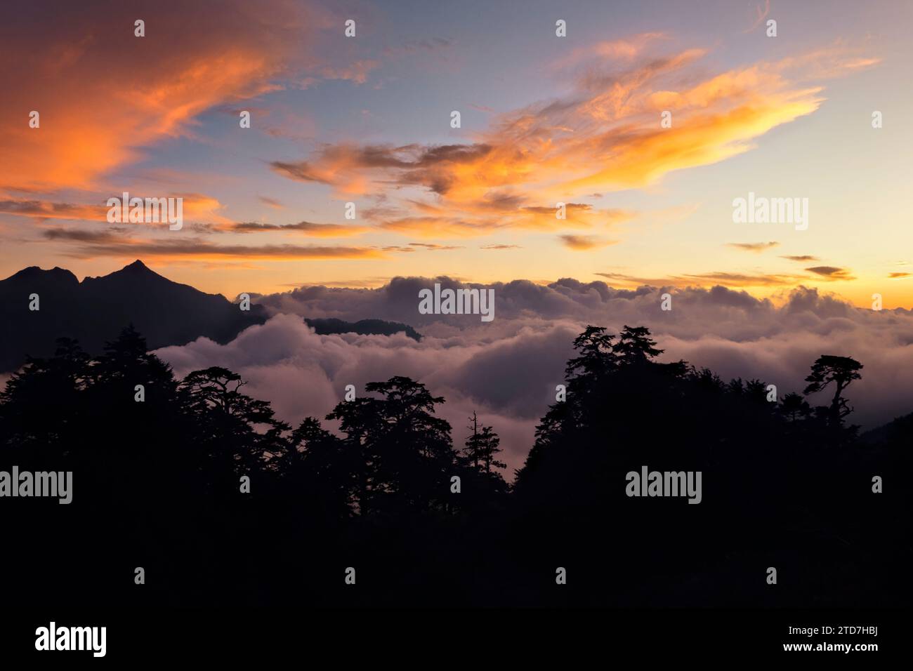 Nuvole che si snodano sotto il Nenggao Peak, Tianchi Lodge, Nantou, Taiwan Foto Stock