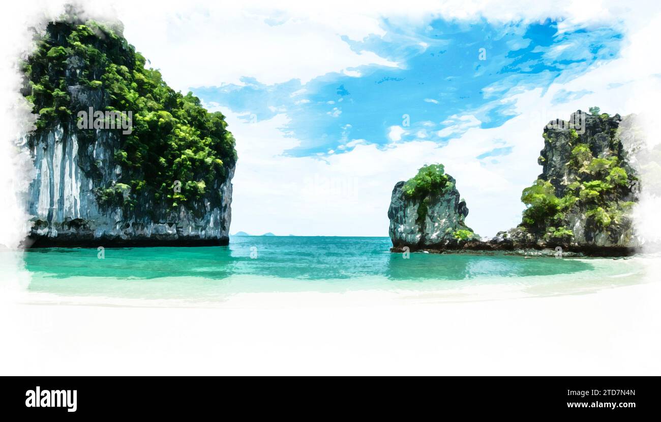 Dipinti ad acquerello dei cieli, acque cristalline, splendide spiagge di sabbia bianca sull'isola di hong, Krabi, Thailandia. Foto Stock