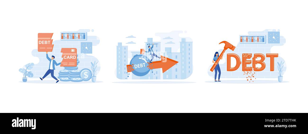 Trappola del concetto di debito delle carte di credito, lotta per il profitto, pesante onere del debito. Rompere il debito impostare un'illustrazione moderna vettoriale piatta Illustrazione Vettoriale