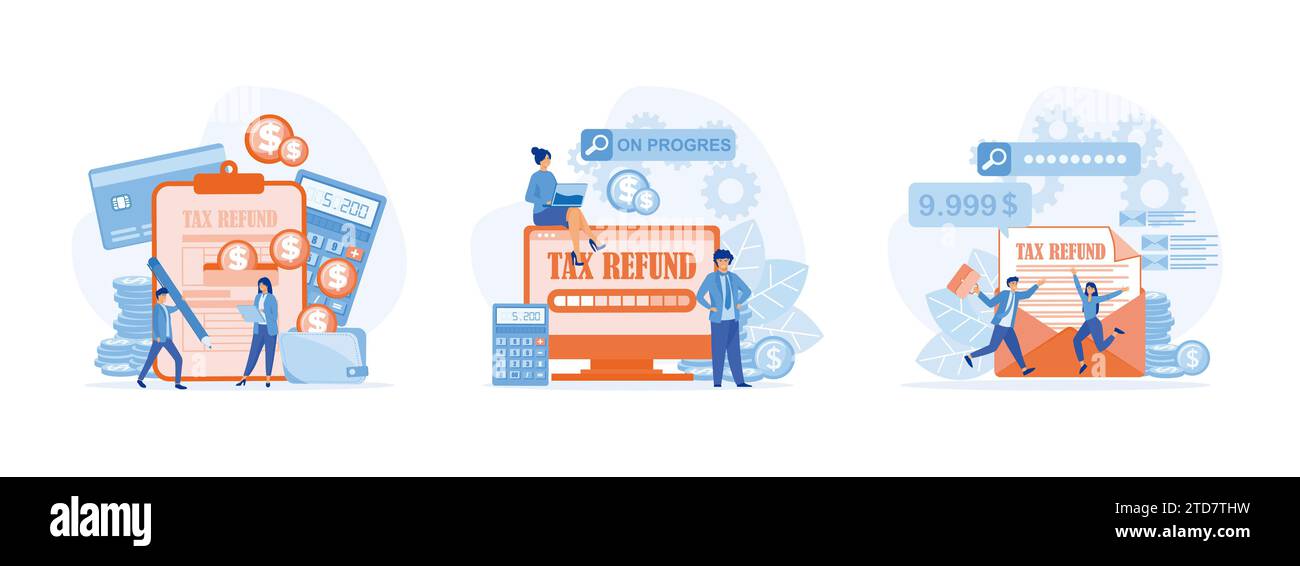 Deduzione per l'ottimizzazione delle imposte, rimborso delle imposte, persone d'affari con online, persone felici che ricevono rimborsi. Kit rimborso tasse per illustrazioni moderne a vettore piatto Illustrazione Vettoriale