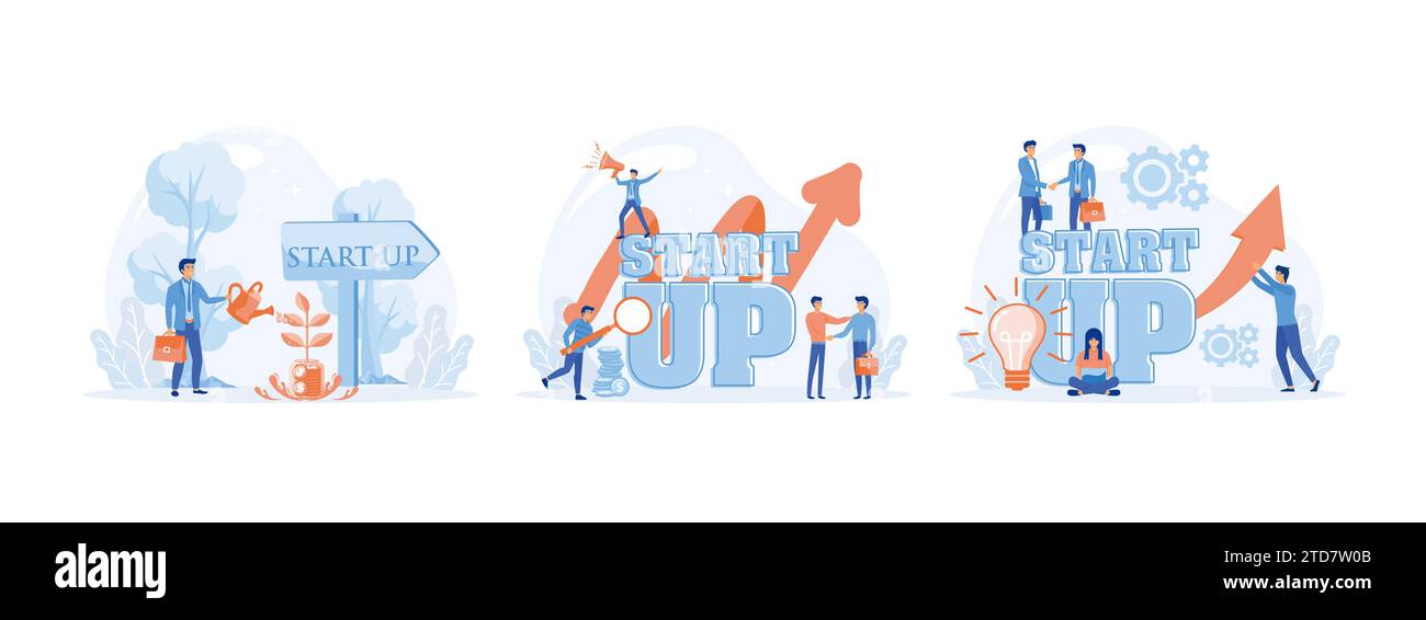 Avviare un concetto di crescita aziendale ecocompatibile. Momenti di lavoro per l'avvio dell'attività. Nuove idee, ricerca di investitori, aumento dei profitti. Start up aziendale in appartamento Illustrazione Vettoriale