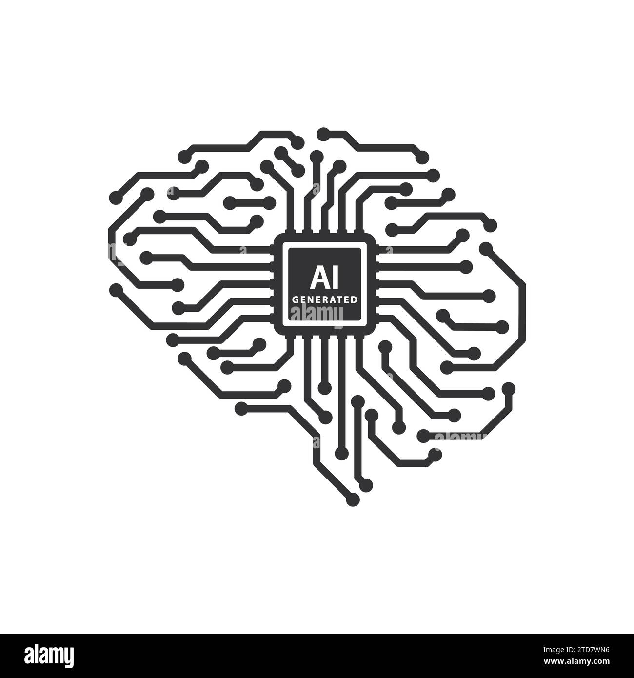 Logo del circuito stampato del cervello, concetto di progettazione del chip con tecnologia di intelligenza artificiale Illustrazione Vettoriale