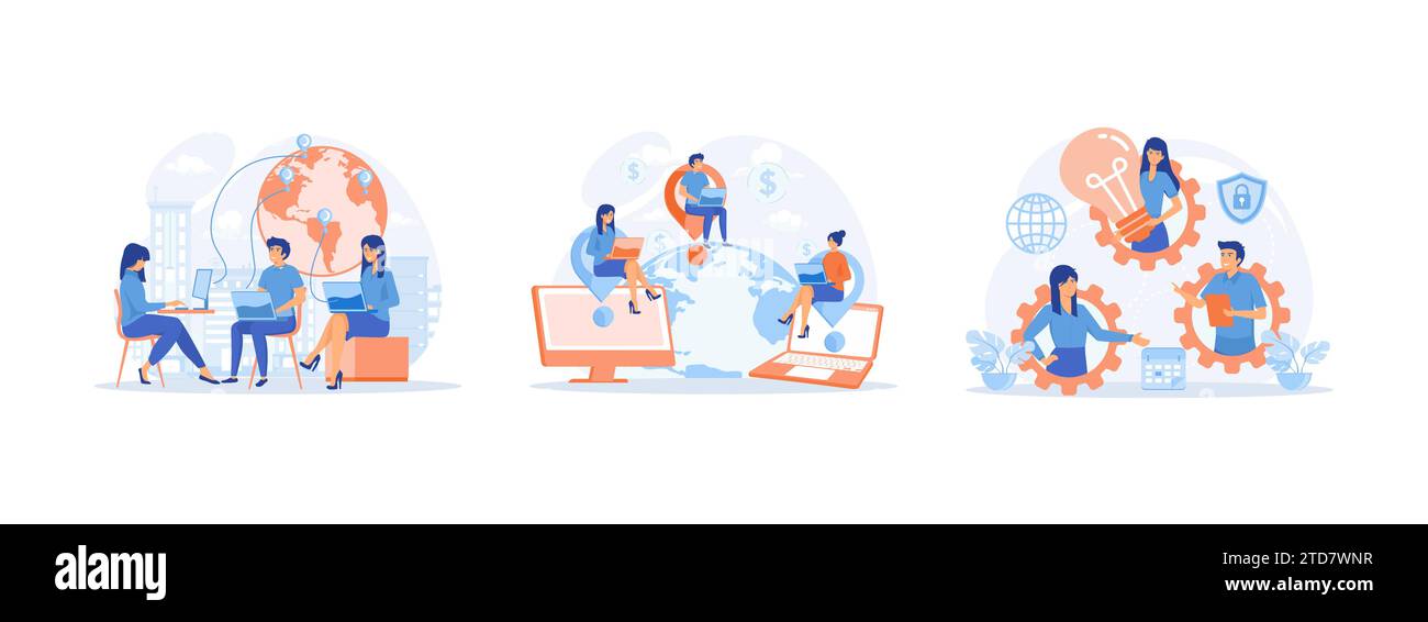 Outsourcing del concetto aziendale, scenario di lavoro del team di sviluppatori, idea di lavoro di squadra e progetto. Outsourcing set di illustrazione moderna a vettore piatto Illustrazione Vettoriale