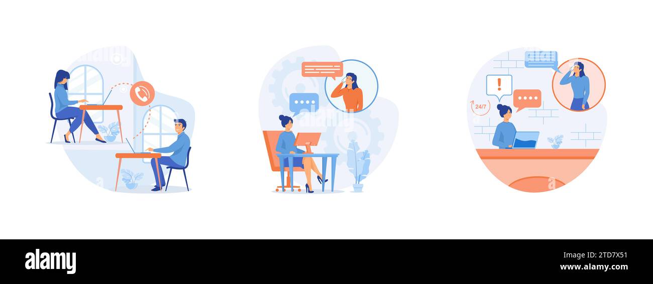 Call center, hotline. Concetto di operatore hotline. Supporto tecnico globale online 24 ore su 24. La ragazza con le cuffie comunica con il cliente. Linea telefonica attiva Illustrazione Vettoriale