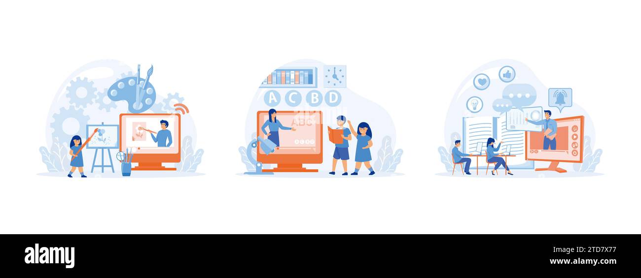 Corso d'arte online, e-learning, corsi di educazione della prima infanzia online, istruzione online, scuola a domicilio. Set di e-learning a vettoriale piatto moderno illustrati Illustrazione Vettoriale