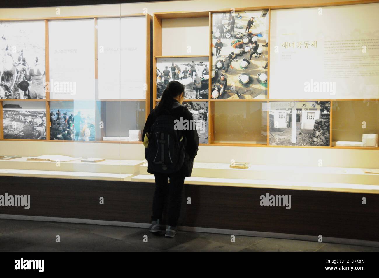 Isola di Jeju, Corea del Sud. 15 dicembre 2023. Un turista visita il museo Haenyeo nell'isola di Jeju, Corea del Sud, 15 dicembre 2023. Haenyeo si riferisce alle sub che si tuffano in mare per raccogliere vari molluschi e alghe senza usare attrezzature subacquee. La cultura di Jeju Haenyeo è stata iscritta nel 2016 nella Lista rappresentativa dell'UNESCO del patrimonio culturale immateriale dell'umanità. Crediti: Yang Chang/Xinhua/Alamy Live News Foto Stock