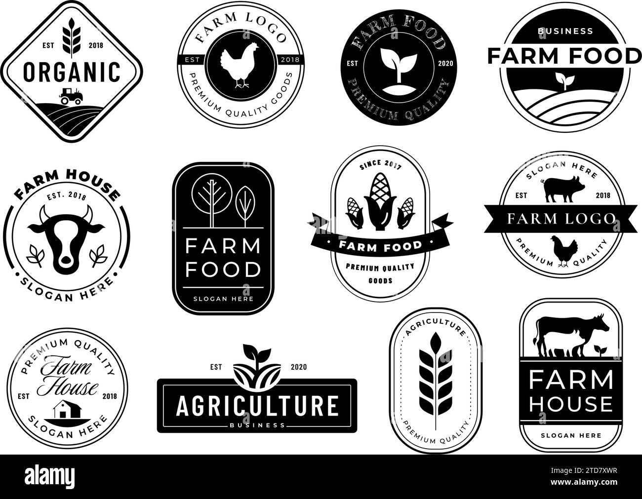 Emblemi aziendali stencil farm. Set vettoriale per marchio Rancho, etichetta per l'agricoltura e modello di branding per l'azienda agricola Illustrazione Vettoriale