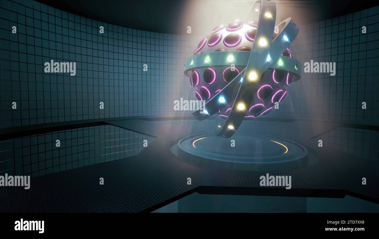 Futuristico reattore sfera al neon scienza scena volume luce rendering 3d. Foto Stock