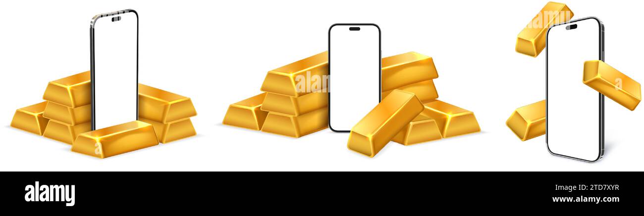 Mockup per smartphone con barre dorate. Modello di app per cellulare Premium Finance con set di illustrazioni vettoriali con schermo in oro bancario e schermo per cellulare vuoto Illustrazione Vettoriale