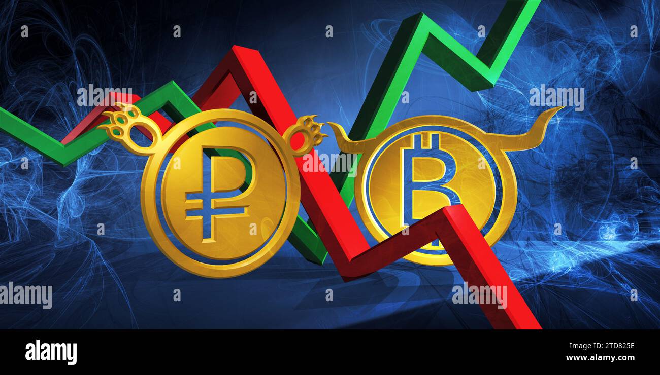 btc rialzista a rub valuta ribassista. mercato dei cambi illustrazione 3d di bitcoin forte a rublo russo debole. il denaro rappresentato come moneta d'oro Foto Stock