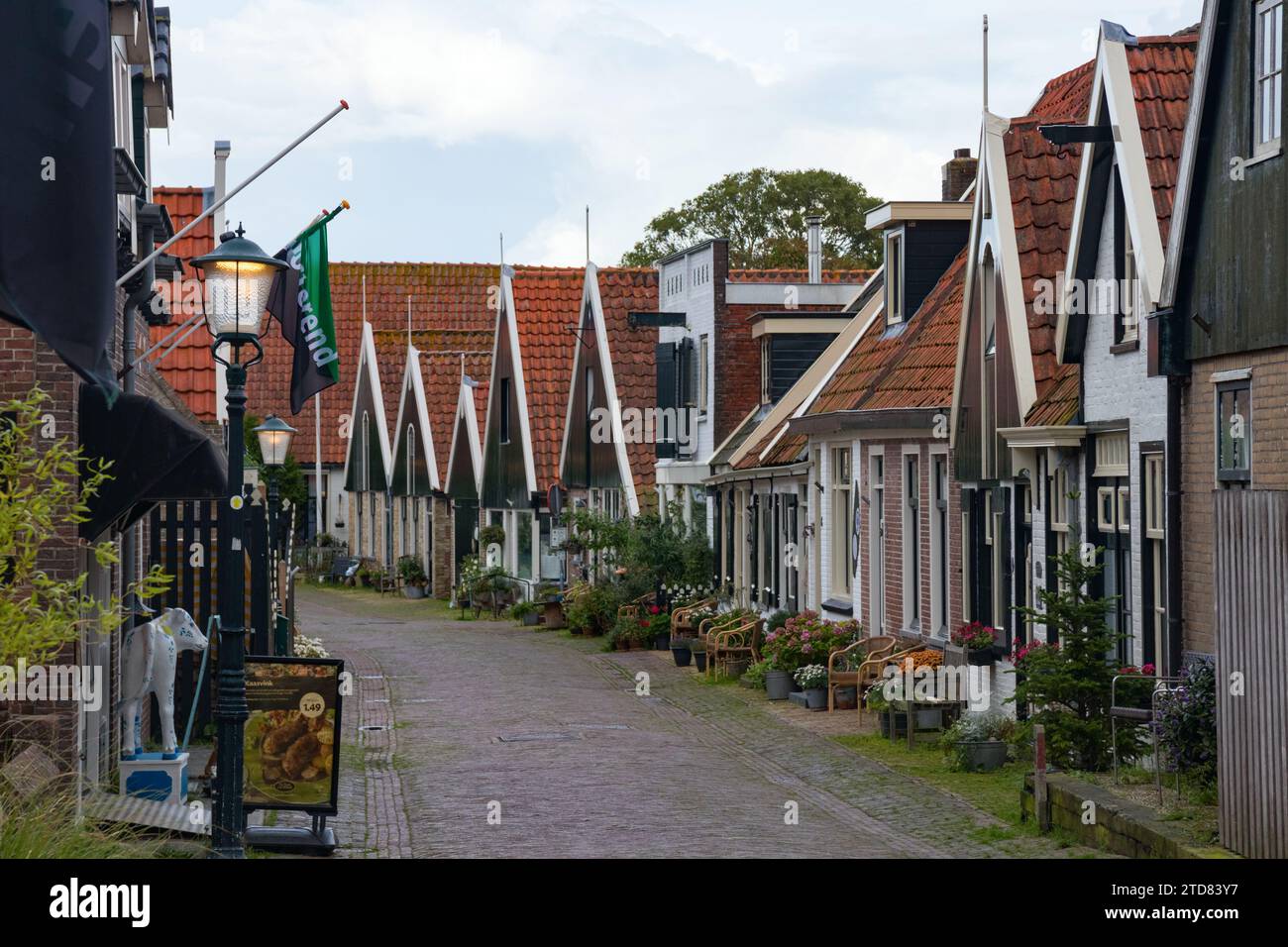 Peperstraat (Pepperstreet) con tipiche case olandesi a Oosterend sotto un cielo nuvoloso. Texel, Olanda settentrionale, Paesi Bassi Foto Stock