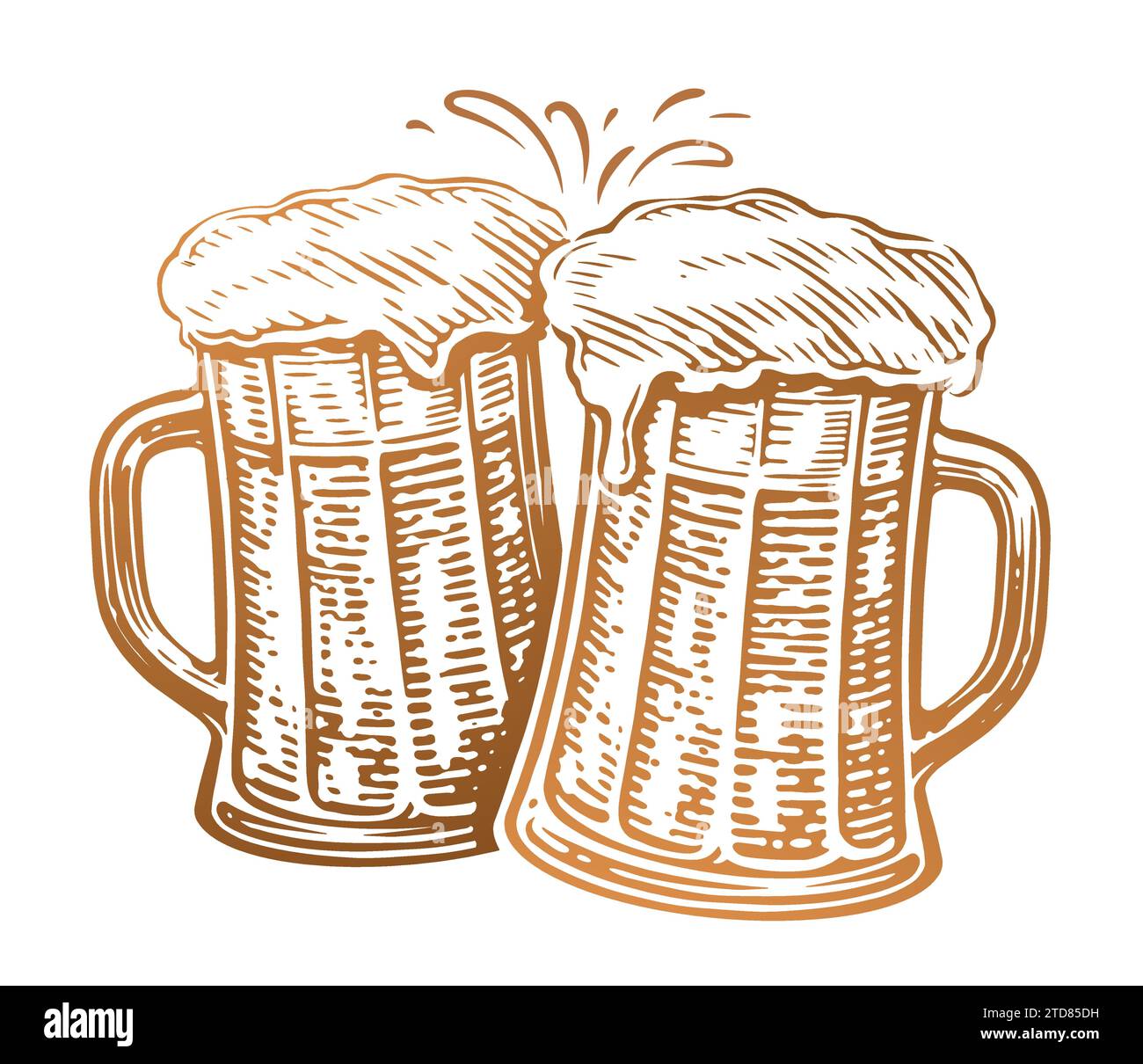 Due tazze da birra tostate. Vasche di vetro piene di birra e schiuma spruzzata. Salute, illustrazione vettoriale Illustrazione Vettoriale