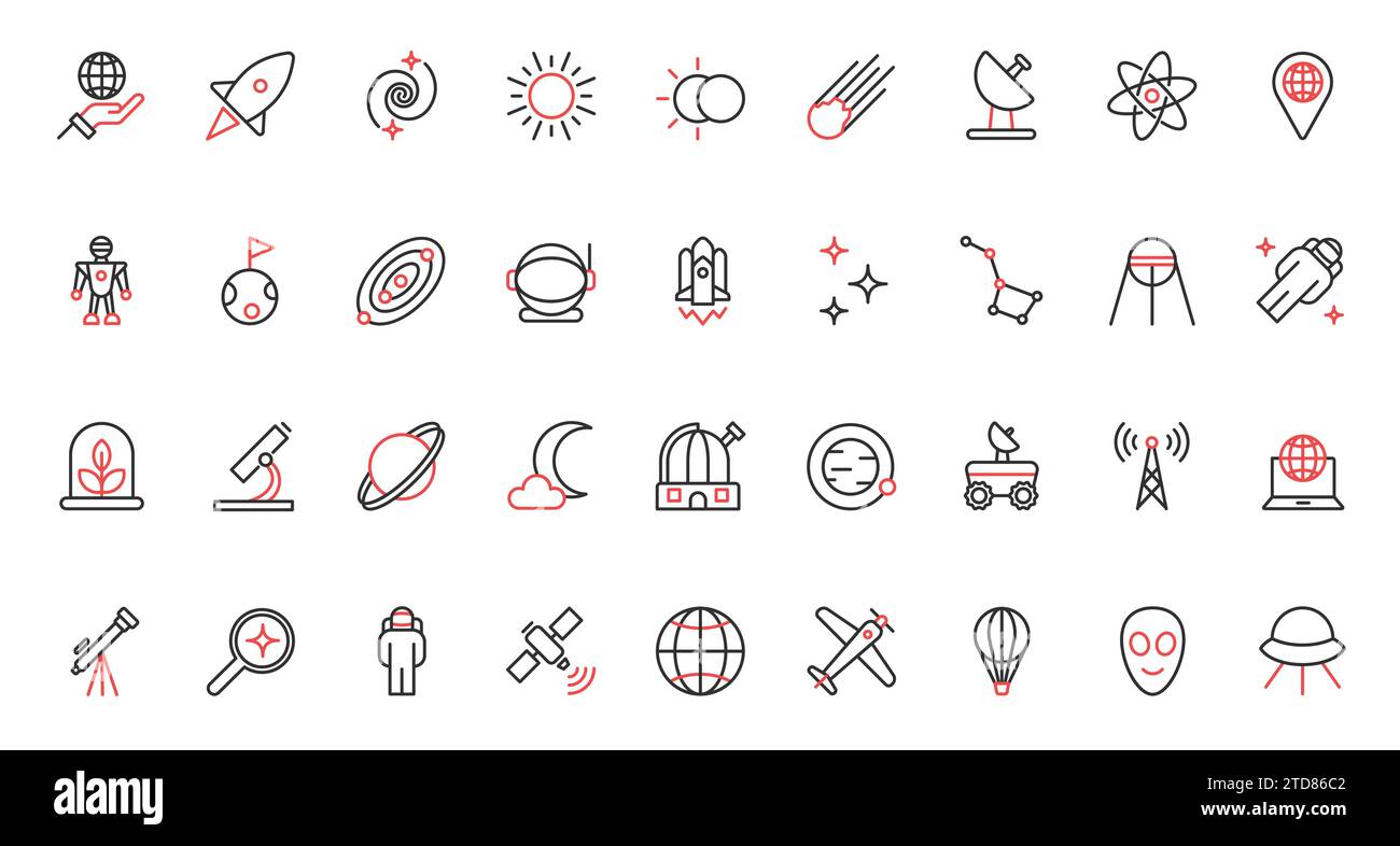 Illustrazioni vettoriali icone rosse nere e di tendenza con linee sottili ambientano la tecnologia di ricerca dell'universo dei viaggi spaziali, astronauti spaziali, pianeti del sistema solare lunare, osservatorio e telescopio futuristico. Illustrazione Vettoriale Illustrazioni vettoriali icone rosse nere e di tendenza con linee sottili ambientano la tecnologia di ricerca dell'universo dei viaggi spaziali, astronauti spaziali, pianeti del sistema solare lunare, osservatorio e telescopio futuristico. Illustrazione Vettoriale