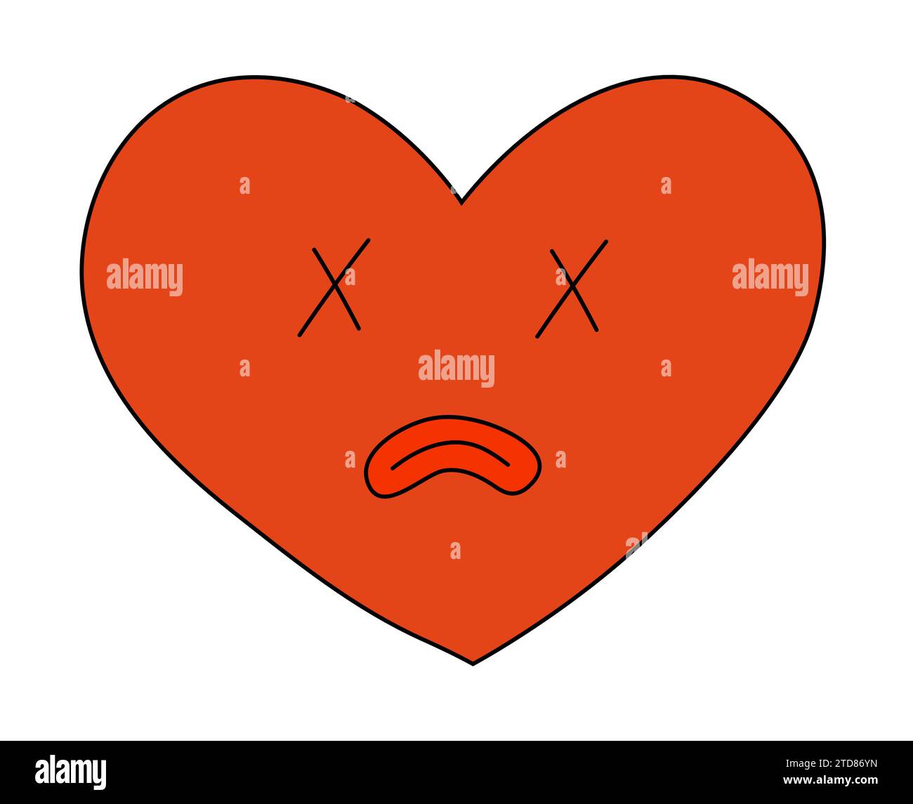Dead Sad Heart per Anti Valentine Day. Mascotte in stile Groovy e Y2K. Illustrazione di cartoni animati vettoriali. Illustrazione Vettoriale