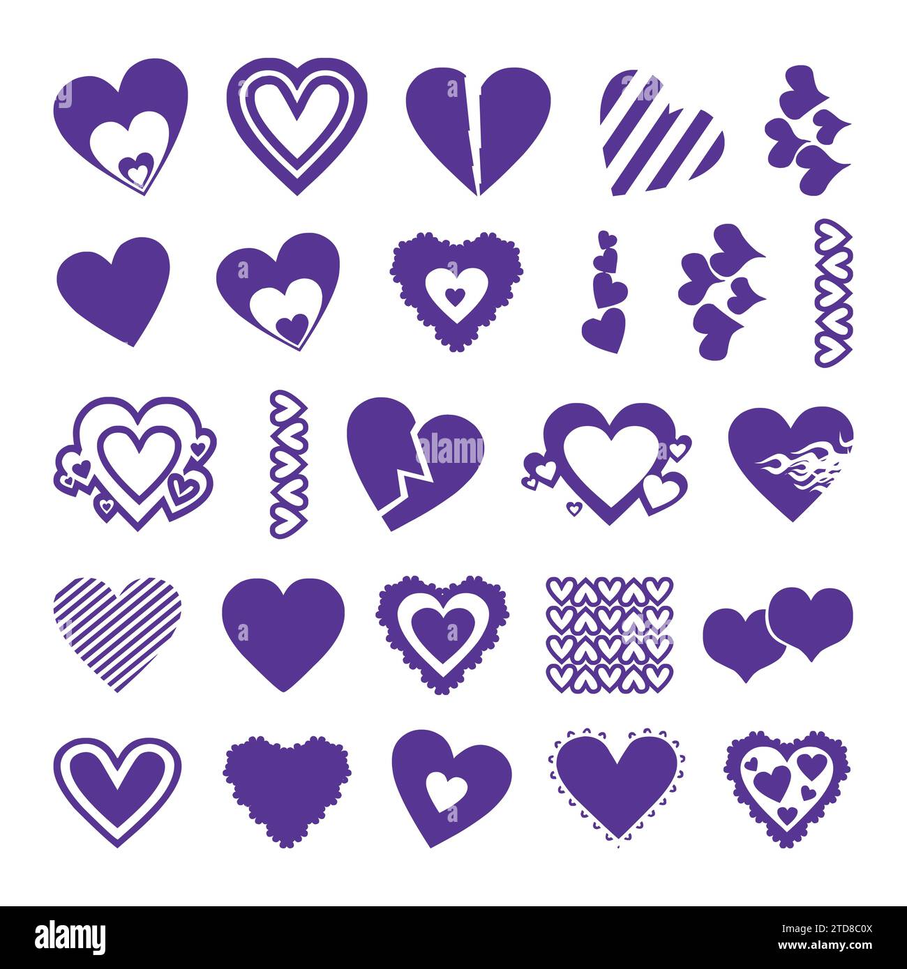 Set di icone a forma di cuore viola per il tuo design. Illustrazione vettoriale. Illustrazione Vettoriale