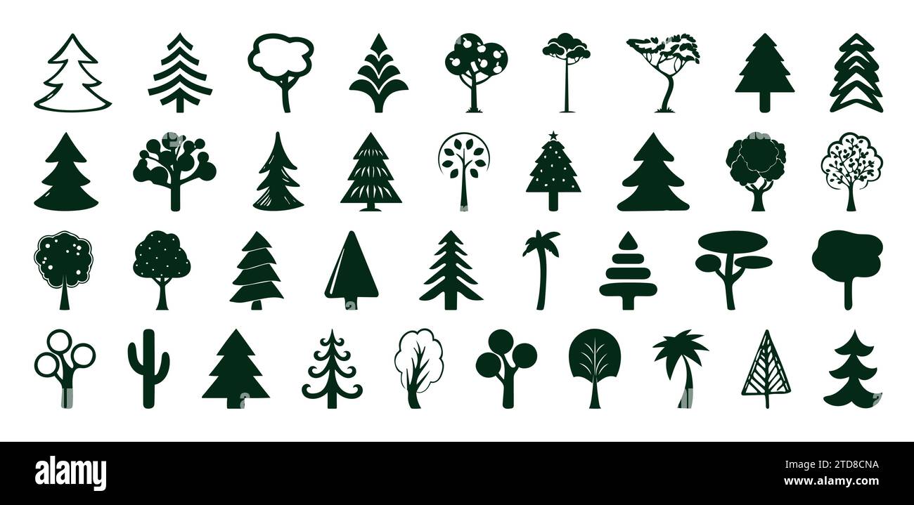 Insieme di segni vettoriali con icone alberi isolati su sfondo bianco. Illustrazione Vettoriale
