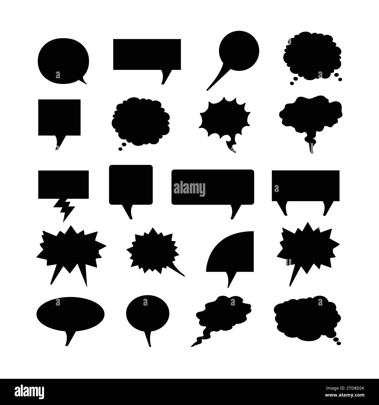 Set di diversi tipi di fumetti vocali vuoti icone bolle chat forme vettoriali per fumetti o Web. Aggiungi testo, facile da modificare, di qualsiasi dimensione. Illustrazione Vettoriale