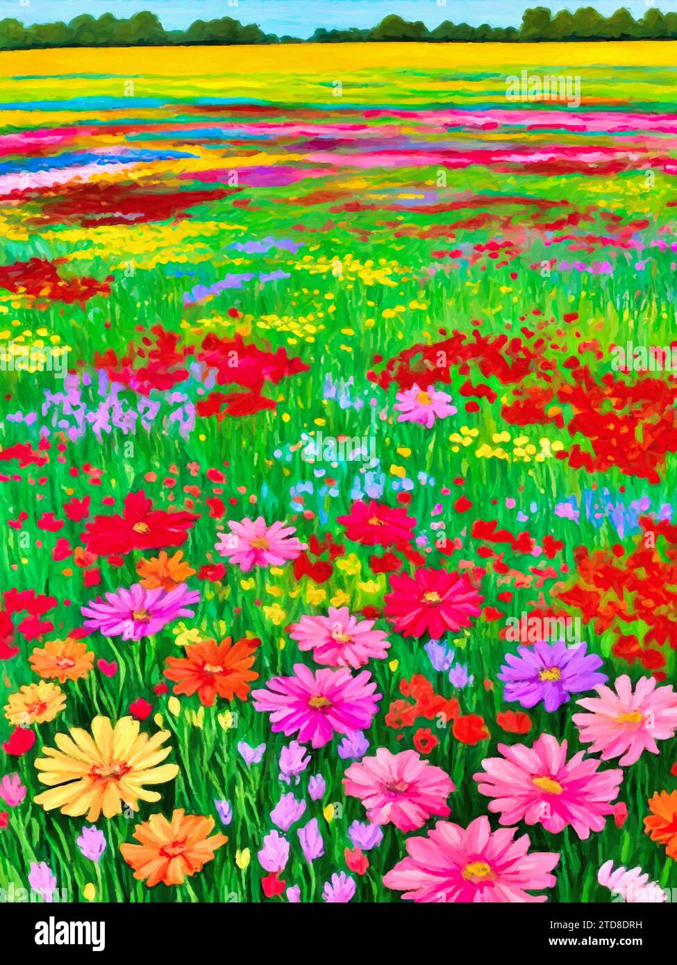 Campi di fiori colorati in primavera (pittura) neoimpressionismo. Foto Stock