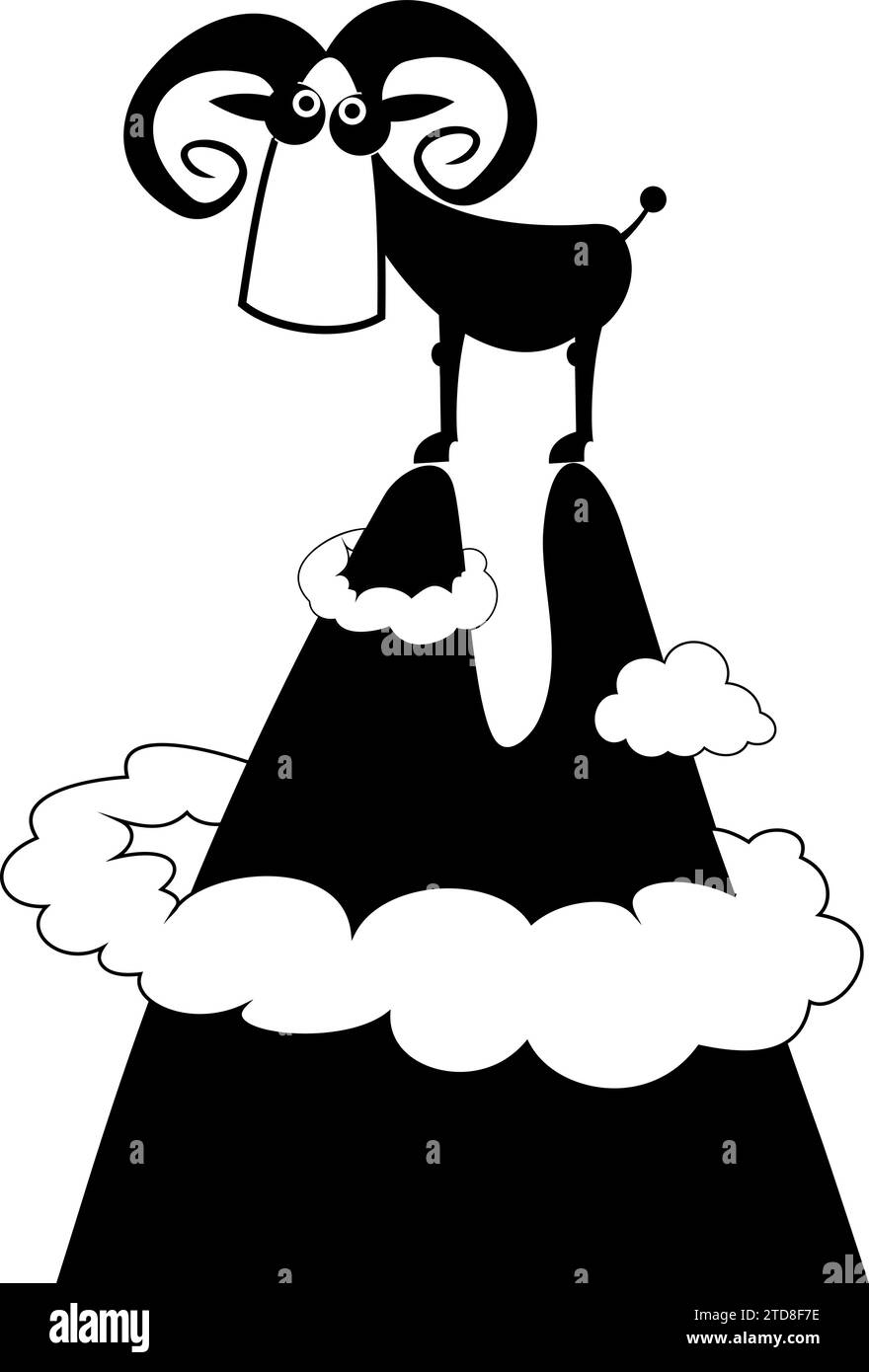 Pecore da cartoni animati sulle alte montagne. Cartoni animati ariete selvatico in montagna. Illustrazione in bianco e nero Illustrazione Vettoriale