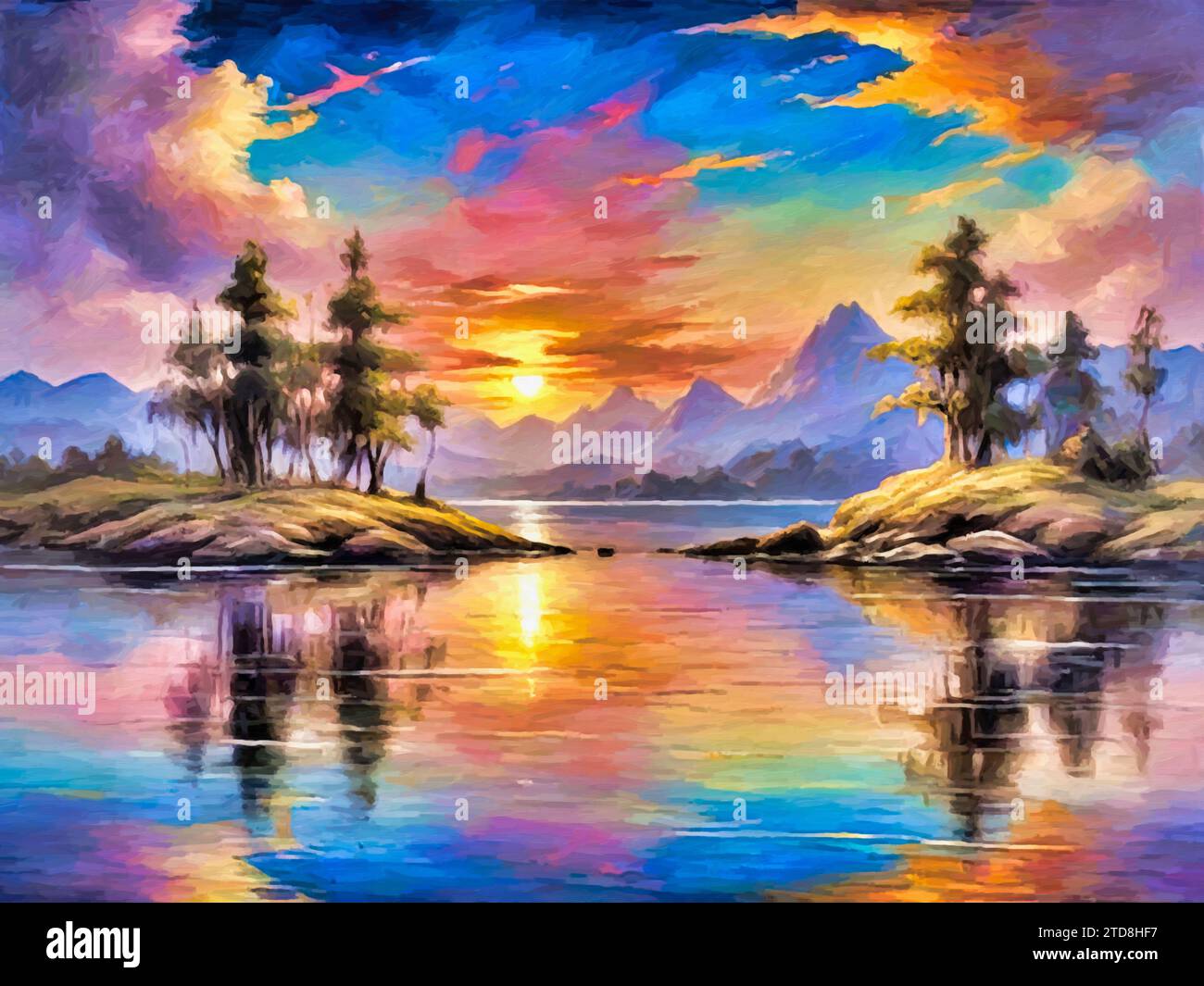 Scena autunnale di foresta con riflessi di stagno e montagne al tramonto (pittura) neoimpressionismo. Foto Stock