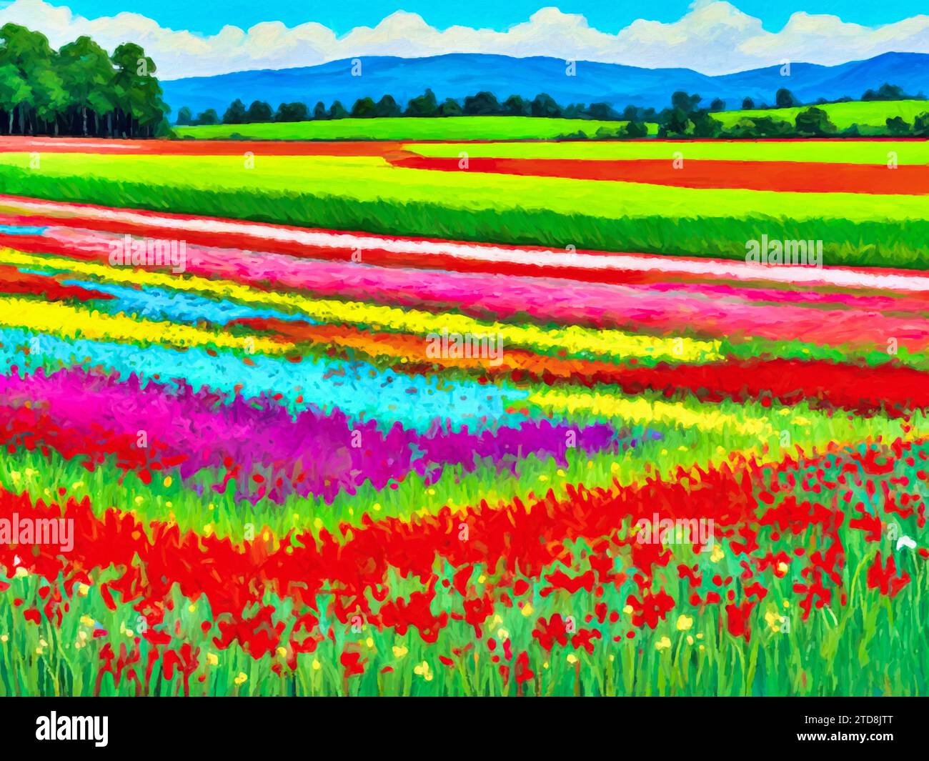 Colorati campi di lavanda in primavera (pittura) neoimpressionismo. Foto Stock