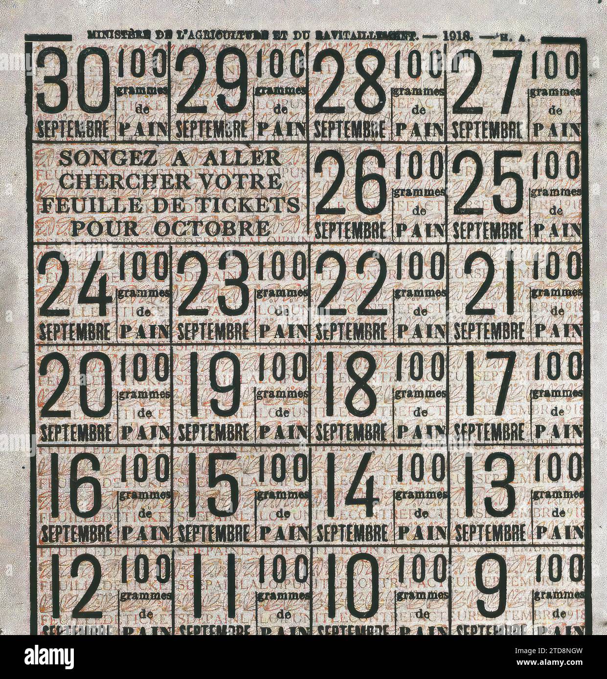 Parigi, Francia biglietti per il pane, vita quotidiana, prima guerra mondiale, cibo, sforzo bellico, lavoro di guerra, carenza, razionamento, Francia, Parigi, foglio di biglietti per il pane, Parigi, 01/09/1918 - 30/09/1918, Léon, Auguste, fotografo, Autochrome, foto, vetro, Autochrome, foto, positivo, verticale, dimensioni 9 x 12 cm Foto Stock