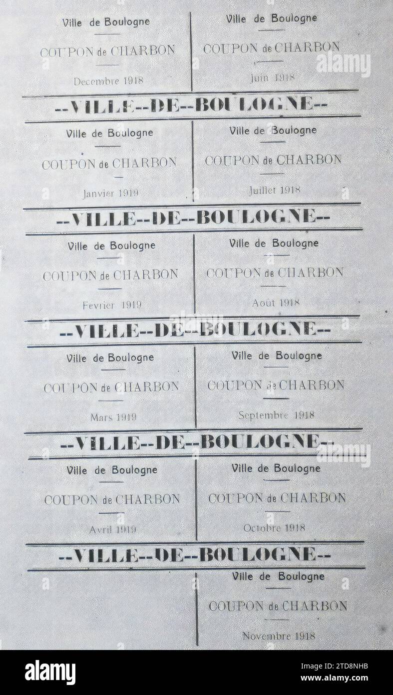 Boulogne, France Coal Coupon Sheet, World War i, War effort, War work, MAP, penuria, razionamento, Francia, Parigi, foglio di buoni sconto sul carbone, Boulogne propriété d'Albert Kahn, 01/09/1918 - 30/09/1918, Léon, Auguste, fotografo, Autochrome, foto, vetro, Autochrome, foto, positivo, verticale, dimensioni 9 x 12 cm Foto Stock