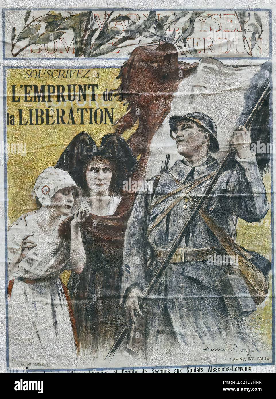 Parigi, Francia poster del prestito nazionale, Unione amica dell'Alsazia-Lorena, attività economica, registrazione, informazioni, prima guerra mondiale, prestito, banca, finanze, poster, sforzo bellico, War Work, Francia, Parigi, poster del prestito (Unione amica dell'Alsazia Lorena), Parigi, 05/10/1918 - 05/10/1918, Léon, Auguste, fotografo, Autochrome, foto, vetro, Autochrome, foto, positivo, verticale, dimensioni 9 x 12 cm Foto Stock