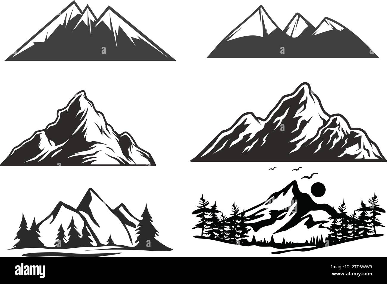 Serie di illustrazioni vettoriali di una semplice icona della linea di montagna, cima della silhouette di montagne rocciose Illustrazione Vettoriale