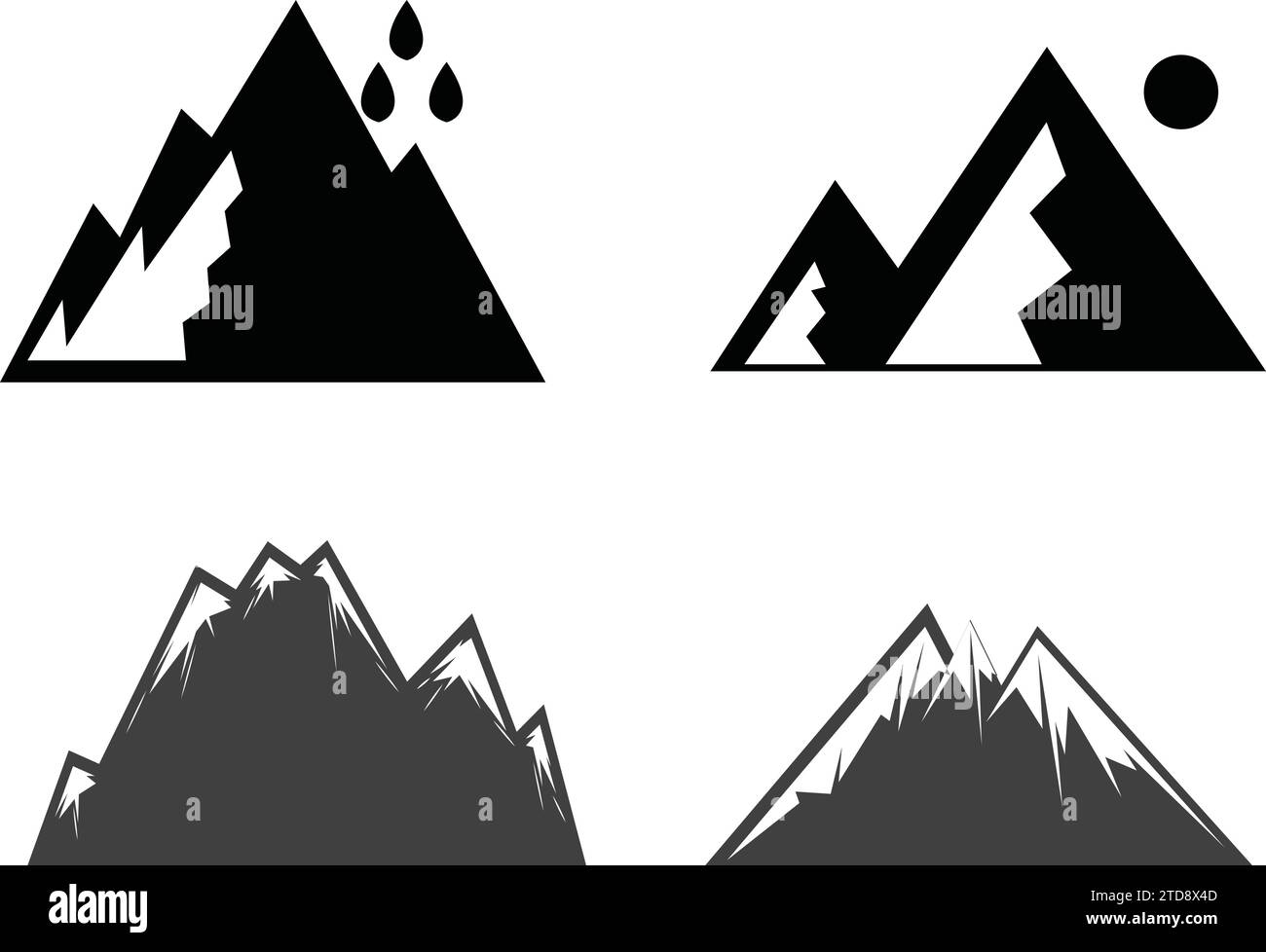 Serie di illustrazioni vettoriali di una semplice icona della linea di montagna, cima della silhouette delle montagne rocciose e icona della montagna con nuvole e sole Illustrazione Vettoriale