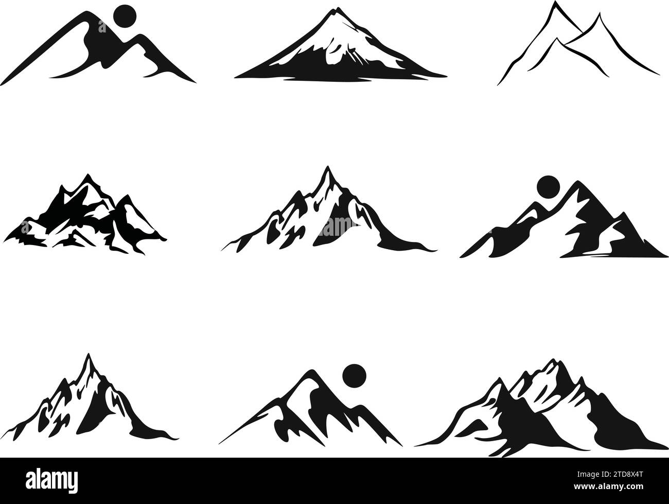 Serie di illustrazioni vettoriali del picco della silhouette dell'icona di montagna rocciosa Illustrazione Vettoriale